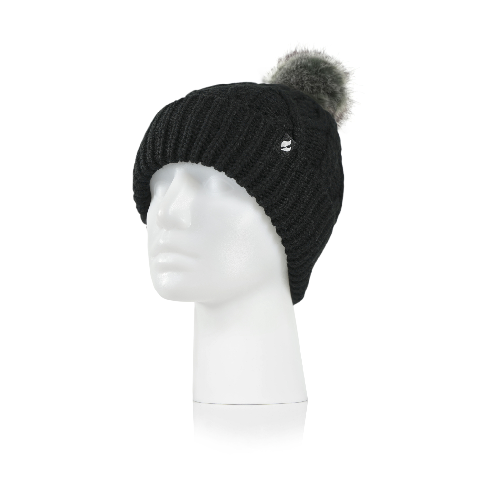 Heat Holders Women's Brina Cable Rollup Hat Pom Black One Size